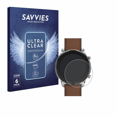 Parte frontal de un envase de producto con el logotipo de la marca Savvies. Al lado se muestra el dispositivo Huami Amazfit GT