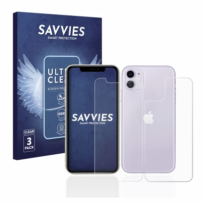Parte frontal de un envase de producto con el logotipo de la marca Savvies. Al lado se muestra el dispositivo Apple iPhone 11 