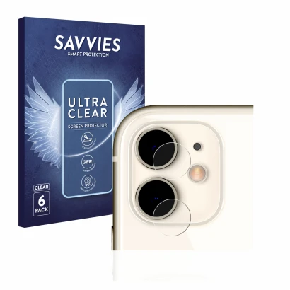 Parte frontal de un envase de producto con el logotipo de la marca Savvies. Al lado se muestra el dispositivo Apple iPhone 11 