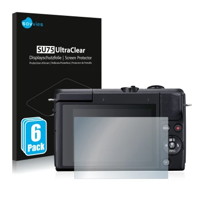Parte frontal de un envase de producto con el logotipo de la marca Savvies. Al lado se muestra el dispositivo Canon EOS M200 c