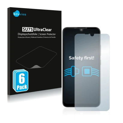 Parte frontal de un envase de producto con el logotipo de la marca Savvies. Al lado se muestra el dispositivo Gigaset GS190 co