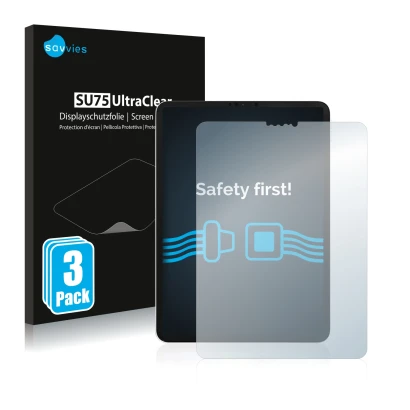 Parte frontal de un envase de producto con el logotipo de la marca Savvies. Al lado se muestra el dispositivo Apple iPad Pro 1