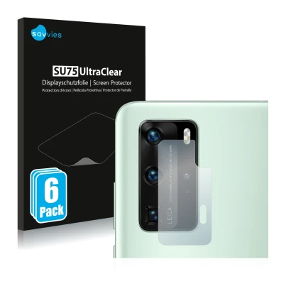 Parte frontal de un envase de producto con el logotipo de la marca Savvies. Al lado se muestra el dispositivo Huawei P40 Pro (