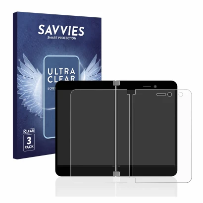 Parte frontal de un envase de producto con el logotipo de la marca Savvies. Al lado se muestra el dispositivo Microsoft Surfac