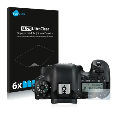 Parte frontal de un envase de producto con el logotipo de la marca Savvies. Al lado se muestra el dispositivo Canon EOS 6D (pa