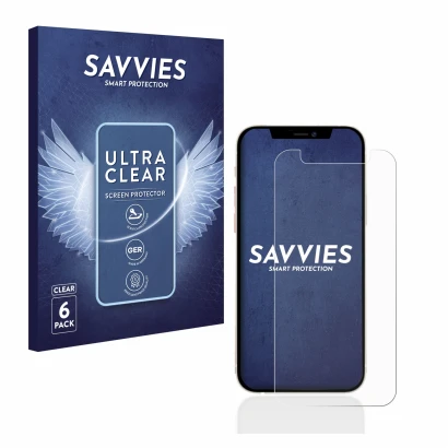 Parte frontal de un envase de producto con el logotipo de la marca Savvies. Al lado se muestra el dispositivo Apple iPhone 12 