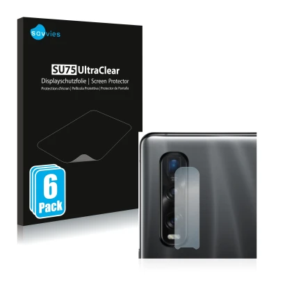 Parte frontal de un envase de producto con el logotipo de la marca Savvies. Al lado se muestra el dispositivo Oppo Find X2 Pro