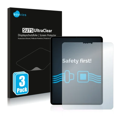 Parte frontal de un envase de producto con el logotipo de la marca Savvies. Al lado se muestra el dispositivo Apple iPad Pro 1