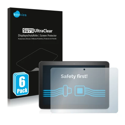 Parte frontal de un envase de producto con el logotipo de la marca Savvies. Al lado se muestra el dispositivo Amazon Fire HD 8