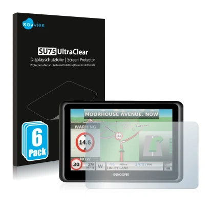 Parte frontal de un envase de producto con el logotipo de la marca Savvies. Al lado se muestra el dispositivo Snooper Truckmat