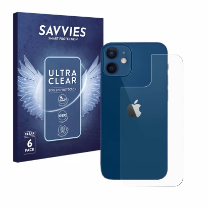 Parte frontal de un envase de producto con el logotipo de la marca Savvies. Al lado se muestra el dispositivo Apple iPhone 12 