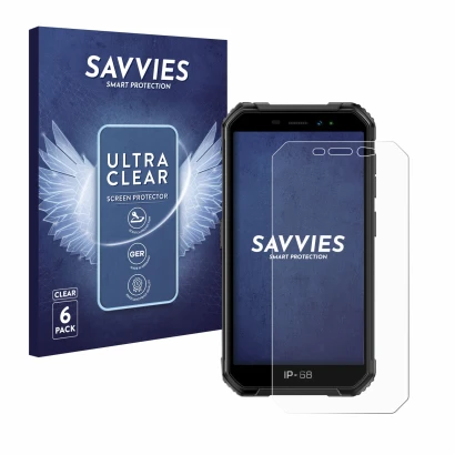 Parte frontal de un envase de producto con el logotipo de la marca Savvies. Al lado se muestra el dispositivo Ulefone Armor X6