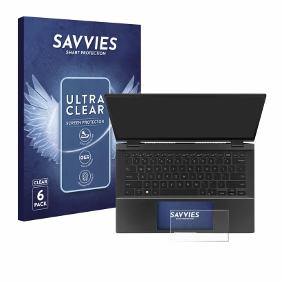Parte frontal de un envase de producto con el logotipo de la marca Savvies. Al lado se muestra el dispositivo ASUS ZenBook Fli