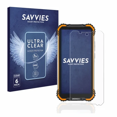 Parte frontal de un envase de producto con el logotipo de la marca Savvies. Al lado se muestra el dispositivo Doogee S58 Pro c