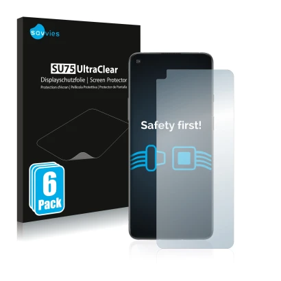 Parte frontal de un envase de producto con el logotipo de la marca Savvies. Al lado se muestra el dispositivo OnePlus 8T con s