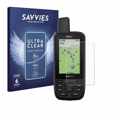 Parte frontal de un envase de producto con el logotipo de la marca Savvies. Al lado se muestra el dispositivo Garmin GPSMAP 66
