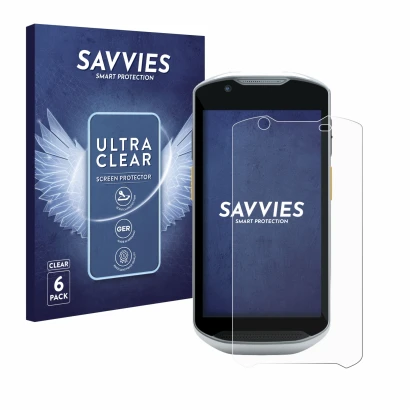 Parte frontal de un envase de producto con el logotipo de la marca Savvies. Al lado se muestra el dispositivo Zebra TC57x con 