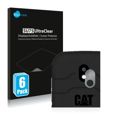 Parte frontal de un envase de producto con el logotipo de la marca Savvies. Al lado se muestra el dispositivo Caterpillar Cat 