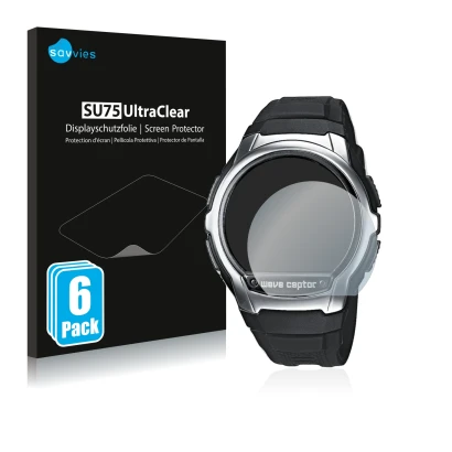 Parte frontal de un envase de producto con el logotipo de la marca Savvies. Al lado se muestra el dispositivo Casio Wave Cepto