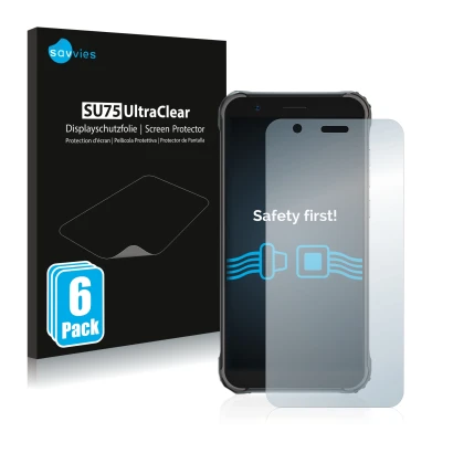 Parte frontal de un envase de producto con el logotipo de la marca Savvies. Al lado se muestra el dispositivo Blackview BV4900