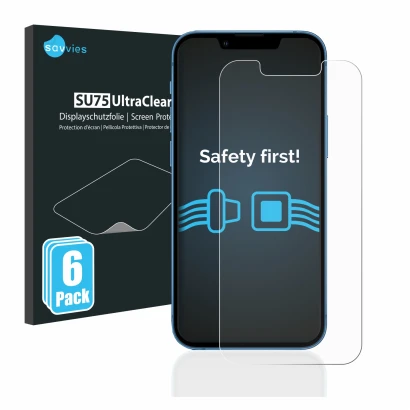 Parte frontal de un envase de producto con el logotipo de la marca Savvies. Al lado se muestra el dispositivo Apple iPhone 13 