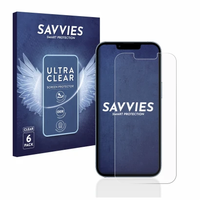 Parte frontal de un envase de producto con el logotipo de la marca Savvies. Al lado se muestra el dispositivo Apple iPhone 13 