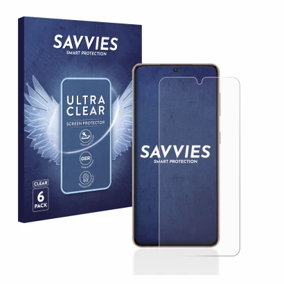 Parte frontal de un envase de producto con el logotipo de la marca Savvies. Al lado se muestra el dispositivo Samsung Galaxy S