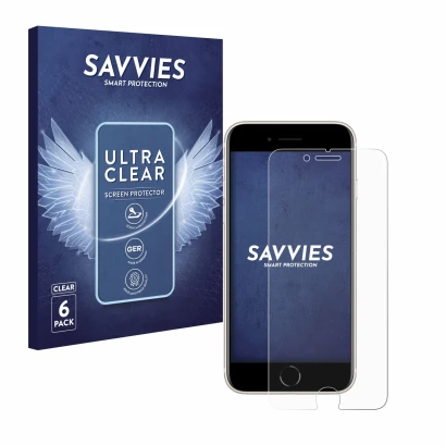 Parte frontal de un envase de producto con el logotipo de la marca Savvies. Al lado se muestra el dispositivo Apple iPhone SE 