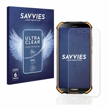 Parte frontal de un envase de producto con el logotipo de la marca Savvies. Al lado se muestra el dispositivo Doogee S40 Pro c