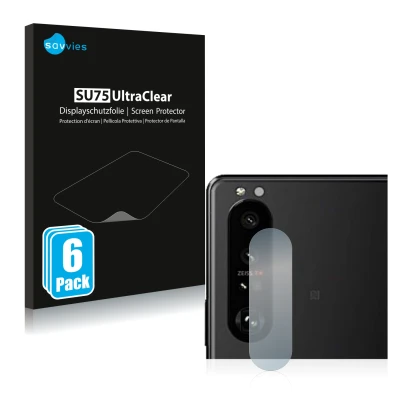 Parte frontal de un envase de producto con el logotipo de la marca Savvies. Al lado se muestra el dispositivo Sony Xperia 5 II