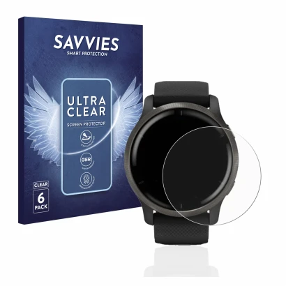 Parte frontal de un envase de producto con el logotipo de la marca Savvies. Al lado se muestra el dispositivo Garmin Venu 2 co