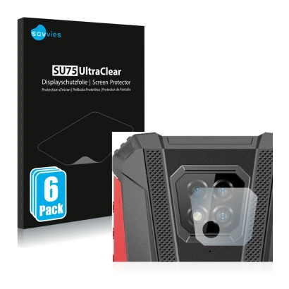 Parte frontal de un envase de producto con el logotipo de la marca Savvies. Al lado se muestra el dispositivo Ulefone Armor 8 