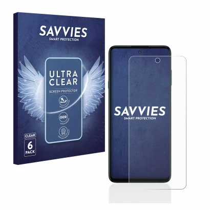 Parte frontal de un envase de producto con el logotipo de la marca Savvies. Al lado se muestra el dispositivo Motorola Edge 20