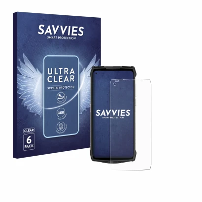 Parte frontal de un envase de producto con el logotipo de la marca Savvies. Al lado se muestra el dispositivo Ulefone Power Ar