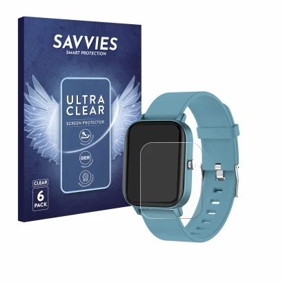 Parte frontal de un envase de producto con el logotipo de la marca Savvies. Al lado se muestra el dispositivo Pubu Smartwatch 