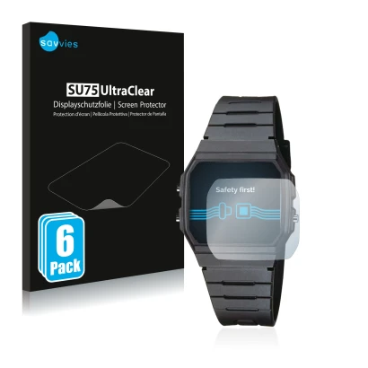 Parte frontal de un envase de producto con el logotipo de la marca Savvies. Al lado se muestra el dispositivo Casio Collection