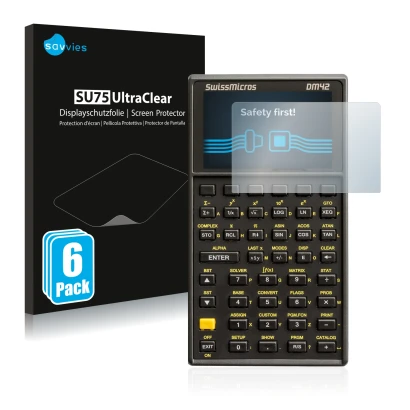 Parte frontal de un envase de producto con el logotipo de la marca Savvies. Al lado se muestra el dispositivo SwissMicros DM42