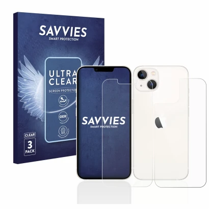Parte frontal de un envase de producto con el logotipo de la marca Savvies. Al lado se muestra el dispositivo Apple iPhone 13 