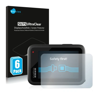 Parte frontal de un envase de producto con el logotipo de la marca Savvies. Al lado se muestra el dispositivo GoPro Hero 10 Bl