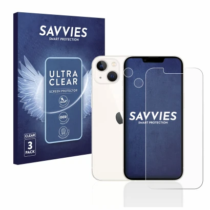 Parte frontal de un envase de producto con el logotipo de la marca Savvies. Al lado se muestra el dispositivo Apple iPhone 13 