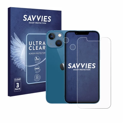 Parte frontal de un envase de producto con el logotipo de la marca Savvies. Al lado se muestra el dispositivo Apple iPhone 13 