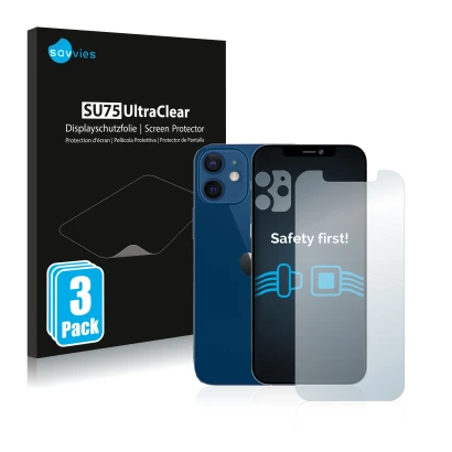 Parte frontal de un envase de producto con el logotipo de la marca Savvies. Al lado se muestra el dispositivo Apple iPhone 12 