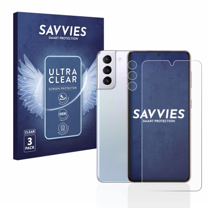 Parte frontal de un envase de producto con el logotipo de la marca Savvies. Al lado se muestra el dispositivo Samsung Galaxy S