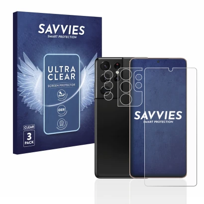 Parte frontal de un envase de producto con el logotipo de la marca Savvies. Al lado se muestra el dispositivo Samsung Galaxy S