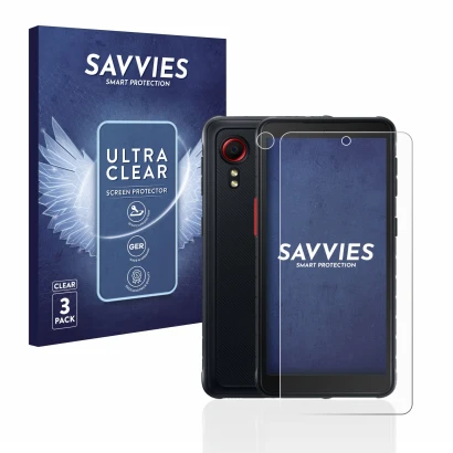 Parte frontal de un envase de producto con el logotipo de la marca Savvies. Al lado se muestra el dispositivo Samsung Galaxy X