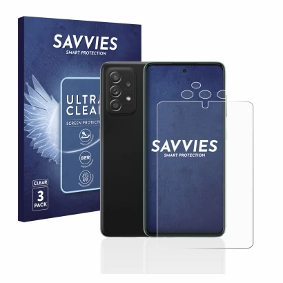 Parte frontal de un envase de producto con el logotipo de la marca Savvies. Al lado se muestra el dispositivo Samsung Galaxy A