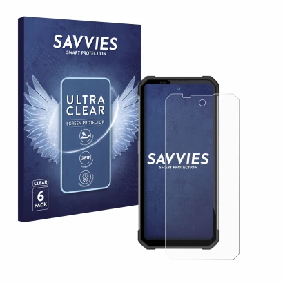 Parte frontal de un envase de producto con el logotipo de la marca Savvies. Al lado se muestra el dispositivo Oukitel WP17 con
