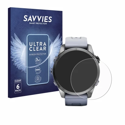 Parte frontal de un envase de producto con el logotipo de la marca Savvies. Al lado se muestra el dispositivo Garmin Fenix 7S 