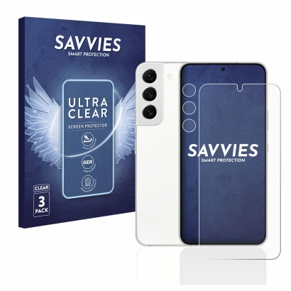 Parte frontal de un envase de producto con el logotipo de la marca Savvies. Al lado se muestra el dispositivo Samsung Galaxy S