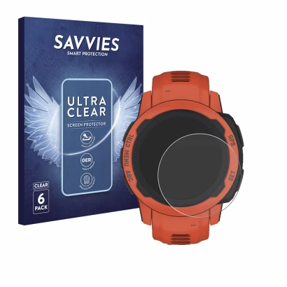 Parte frontal de un envase de producto con el logotipo de la marca Savvies. Al lado se muestra el dispositivo Garmin Instinct 